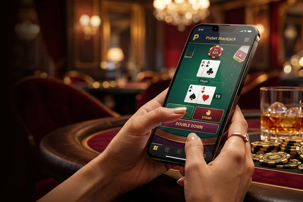 Mesa de Blackjack online vibrante no Pixbet APK, com cartas e fichas