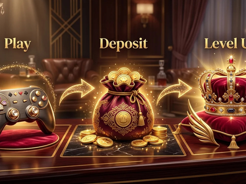 Jogador VIP sorridente usando o aplicativo Pixbet APK em um smartphone, com fundo de luzes douradas e elementos de cassino brilhantes, simbolizando exclusividade e alta recompensa.